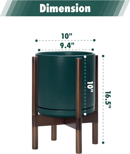 Ceramic Planter with Walnut Color Stand - 10 Inch Modern round Flower Pot with W - Picture 3 of 5