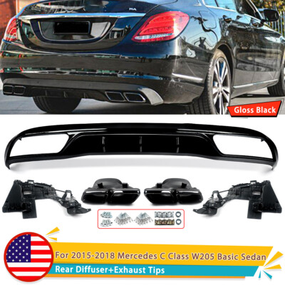 For 2015-2018 Mercedes Benz W205 C200 C300 Base Sedan Rear Diffuser+Exhaust Tips