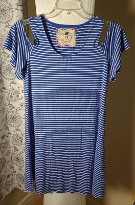 Cupio Short Sleeve Blue Stretch Dress White Stripes Med