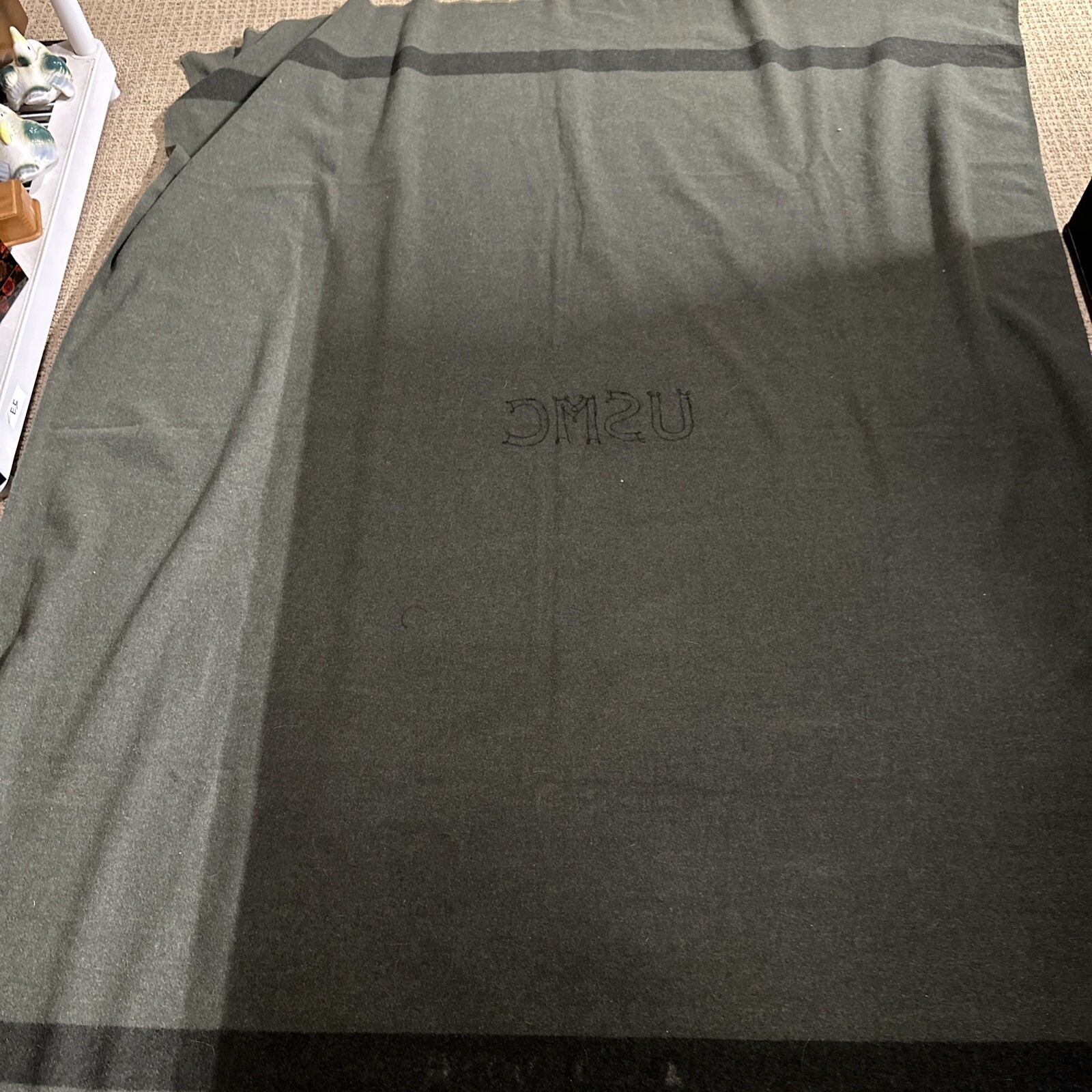 Vintage USMC Wool Blanket WWII Era Chatham MFG Co ? Military Green