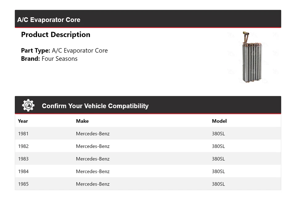 Núcleo evaporador aire acondicionado Mercedes-Benz 380SL 1981-1985 4 estaciones 1982 1983 1984 Foto 2 de 4