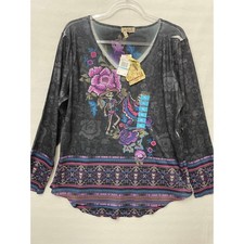 NWT One World Top Size XL Charcoal Dancing Dead Sugar Skull Floral Rhinestone