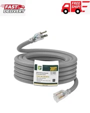 30 Ft Lighted Outdoor Extension Cord - 12/3 SJTW Heavy Duty 30ft Grey