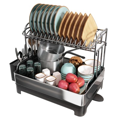 Dish Drying Rack, 304 Stainless Steel 2 Tier Large Dish Rack and Drainboard S...