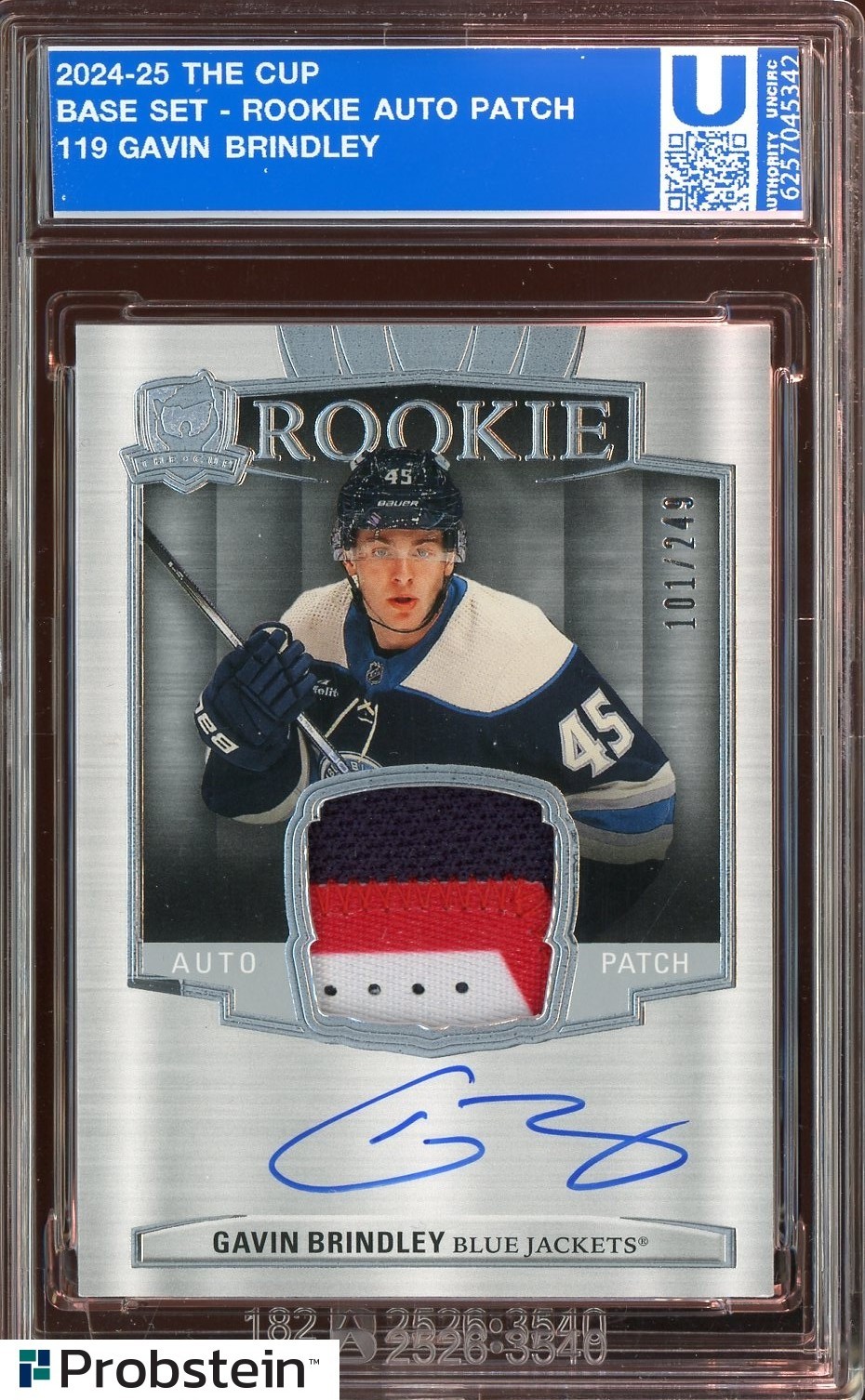 2024-25 UD The Cup Hockey #119 Gavin Brindley RPA RC Patch AUTO /249 TA Slabbed