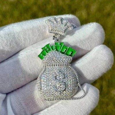 2.30Ct Round Cut Real Moissanite Custom Money Bag Pendant 14K White Gold Plated