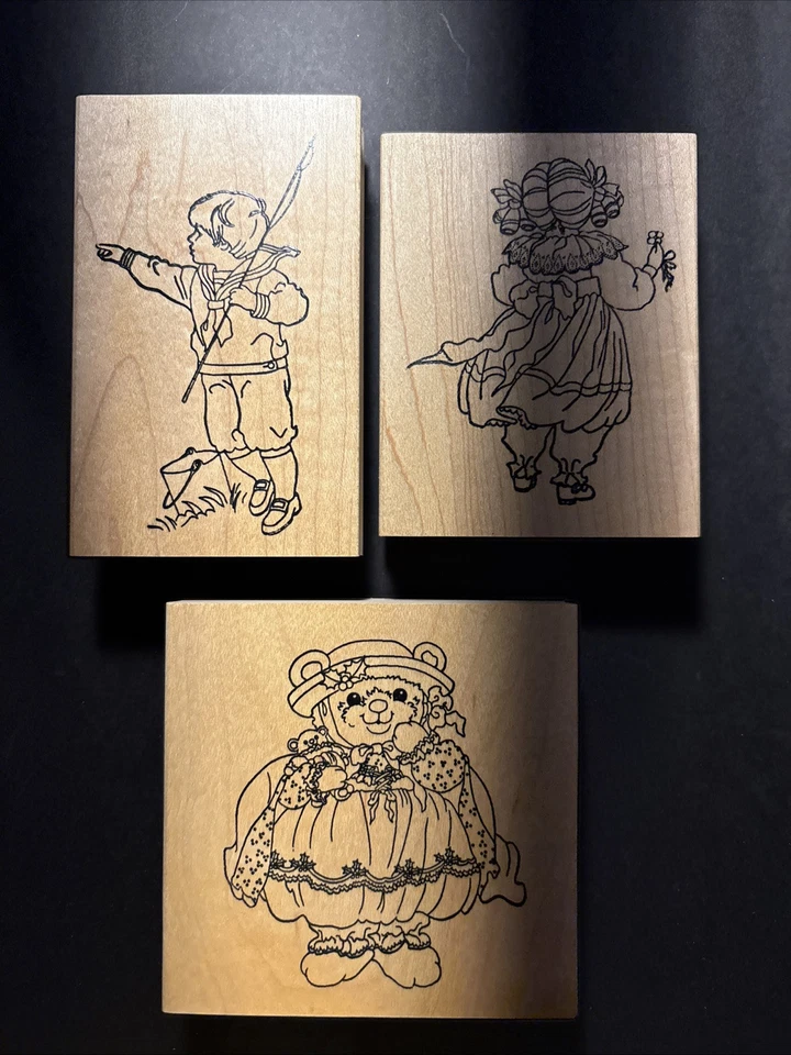 Lote de estampillas de goma de madera de oso de peluche corriendo niño pesca niña - nuevas Foto 4 de 4