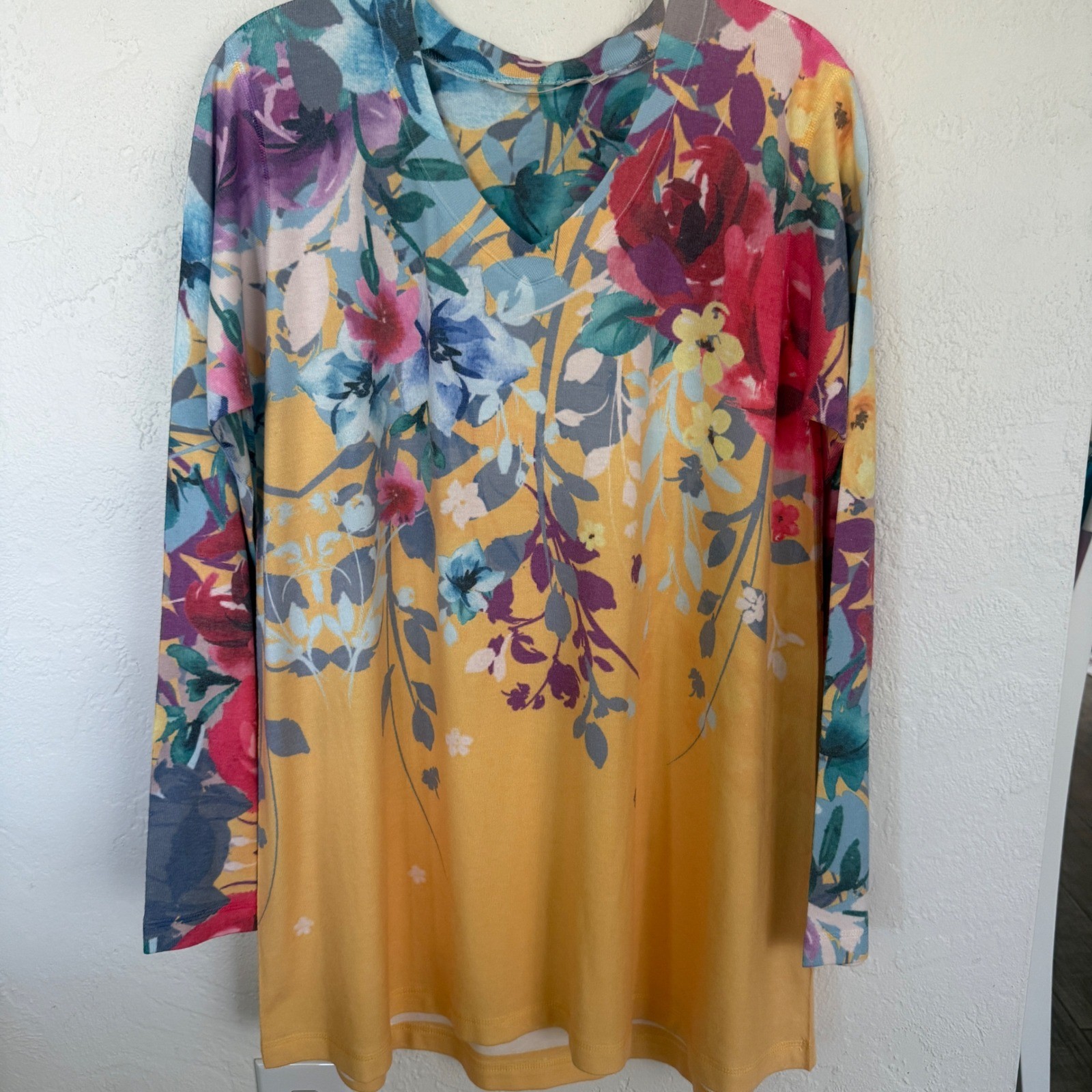 Soft Surroundings Yellow Floral V-Neck Long Sleeve Tunic Top XL 2BE51