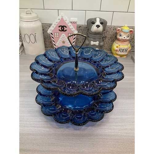 VINTAGE COLBALT BLUE 30 COUNT TWO TIER EGG PLATTER