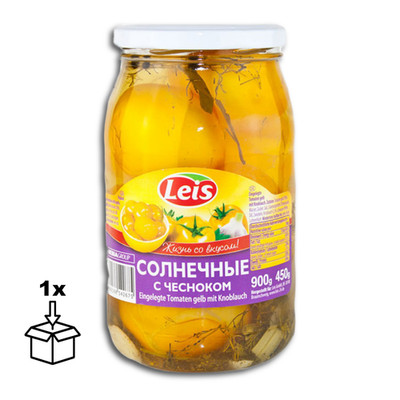 Leis eingelegte gelbe Tomaten Solnetschnije, Slivka mit Knoblauch 880g, ATG 440g