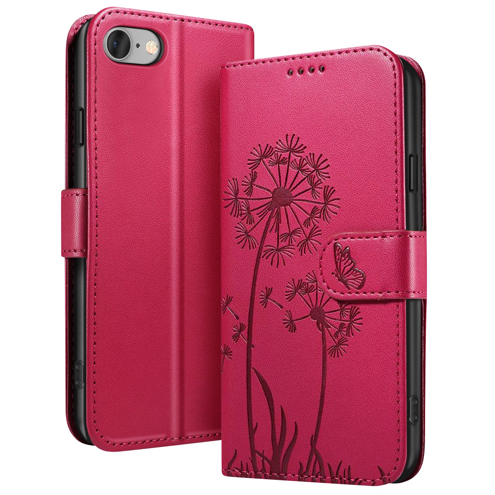 Étui en Cuir Premium iPhone SE Zanaé Rouge Fleurs et Papillon Chic