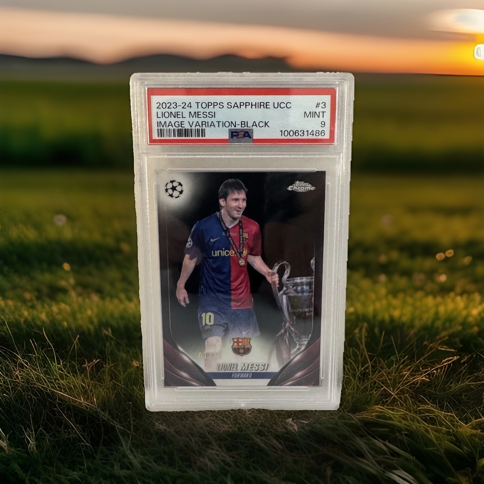 Lionel Messi 2023-24 Topps Chrome Sapphire FC Barcelona #3 Black /10 PSA 9