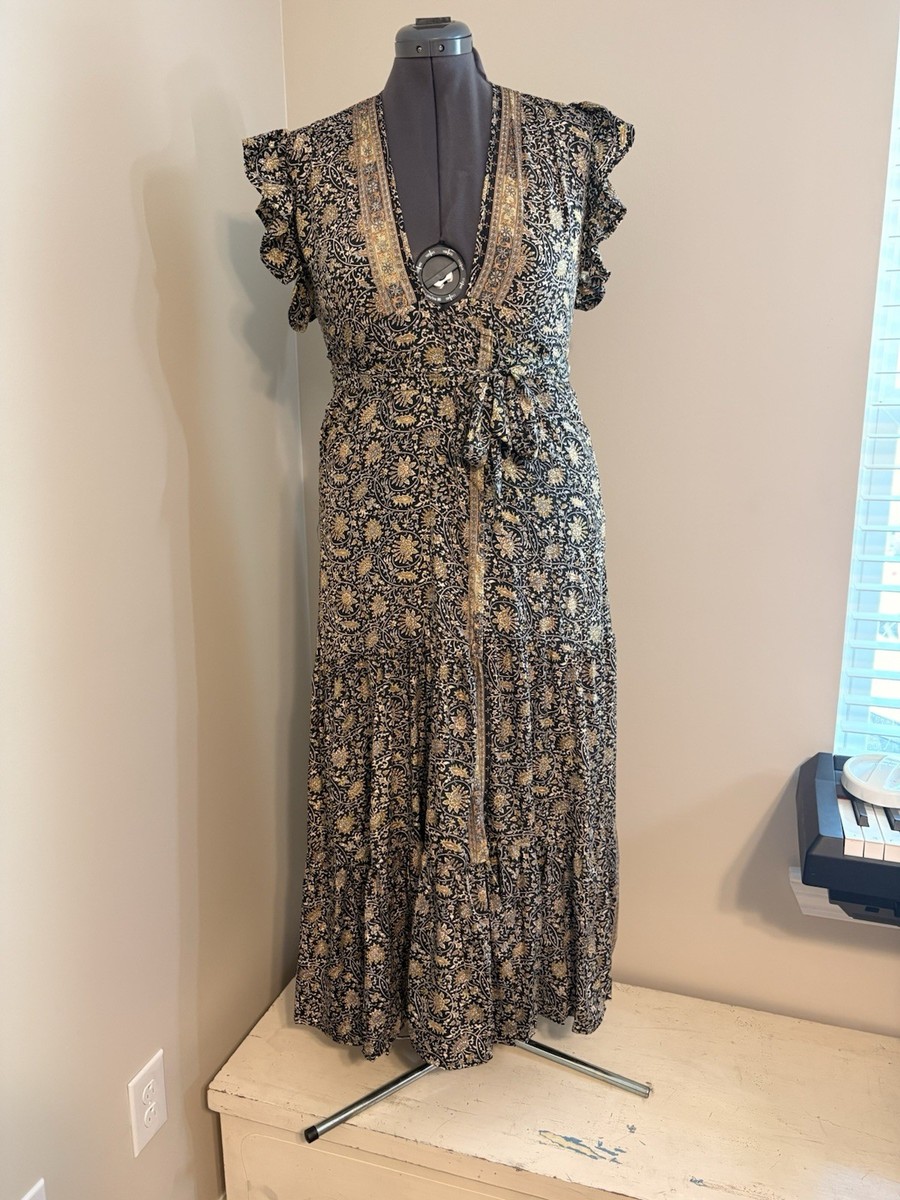 Paani Black Floral Bohemian Maxi Dress Ruffle Tie Accent Size S | eBay Paani Black Floral Bohemian Maxi Dress Ruffle Tie Accent Size S | eBay