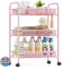 SYKIARIOL Metal Rolling Utility Cart, 3-Tier Mesh Wire Storage Trolley with E