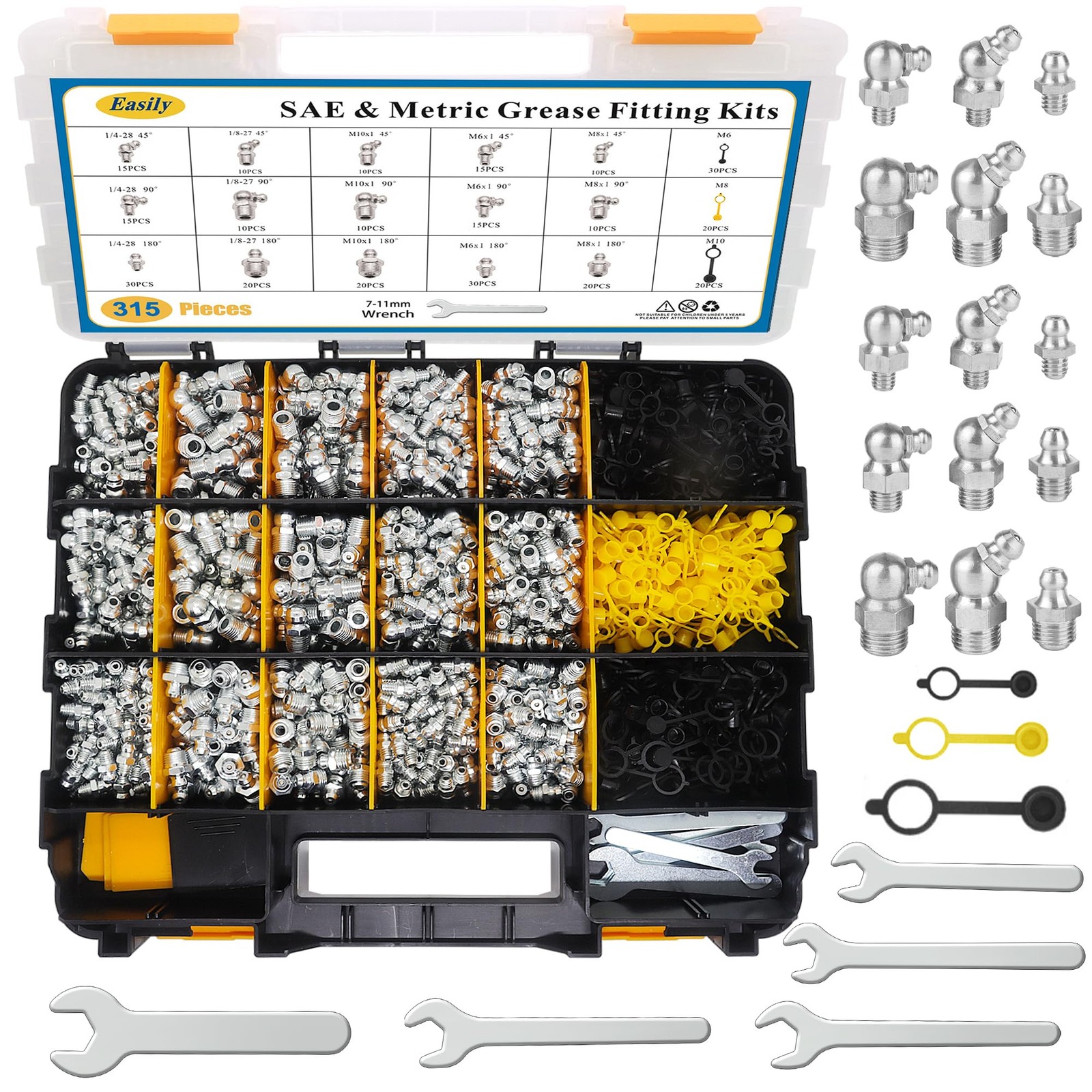 310 PCS Grease Fittings Assortment, SAE & Metric Zerk Yellow