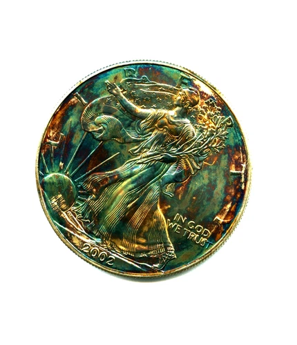 20021 GEM BU RAINBOW TONED AMERICAN SILVER  Eagle 1 Oz .999 Silver 996