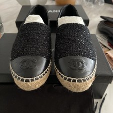 Authentic chanel black tweed and leather  espadrilles size uk4 37 