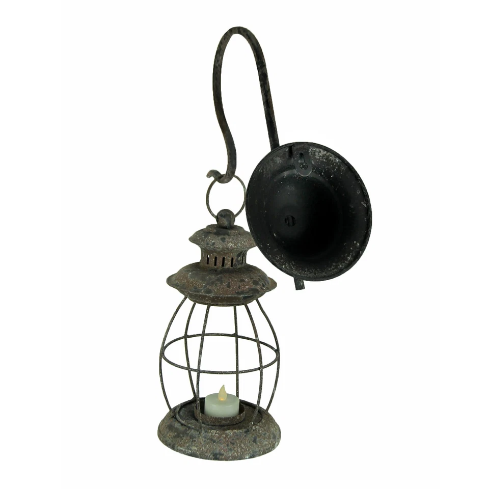 Distressed Metal Wall Mounted Railroad Lantern Hanging Candle Sconce Black - Image 3 of 4