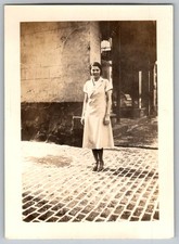 Vtg Snapshot Smiling Woman In Dress On Street 1940s