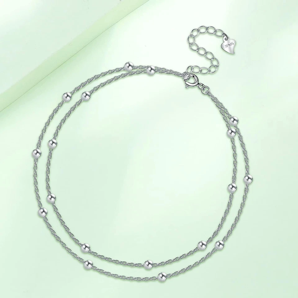 Cavigliera Donna Argento 925 Cavigliera Doppia Catena Con Perline Estate Spiaggi - Immagine 3 di 4