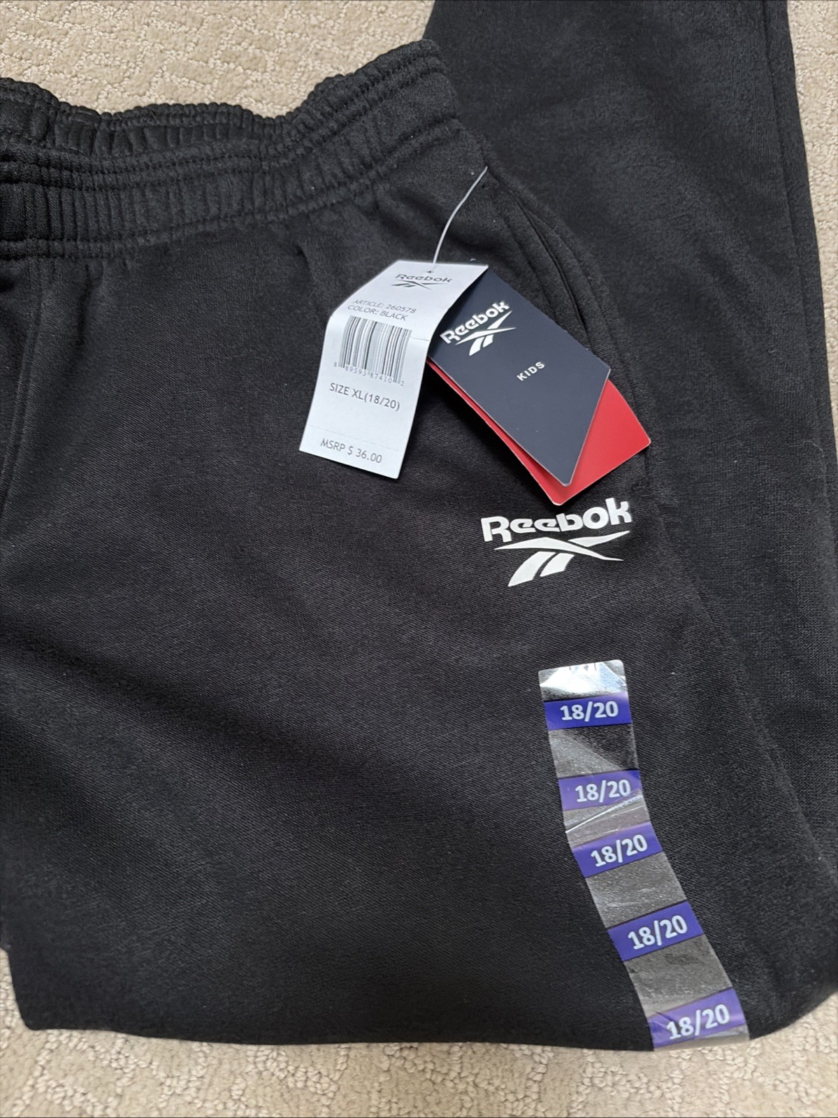 Boys REEBOK Black fleece lined Kids sweatpants XL 18-20 NWT NEW Teen Joggers thumbnail 3