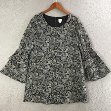 A New Day Shift Dress Womens XS Bell Sleeve Round Neck Pullover Floral Black