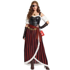 Women's Pirate Halloween Costume Striped Dress, Eyepatch & Coin Belt XS-3XL