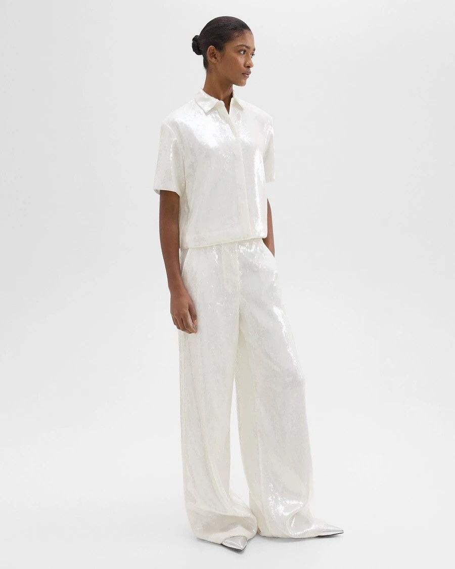 パンツ THEORY Woman Pants White O0203209 100 Theory Womens Sz 6 White Fluid Sequins High-Waist Wide-Leg