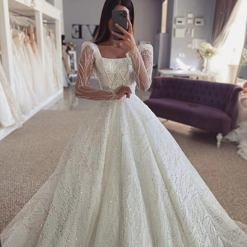 Luxury Ball Wedding Dresses Square Neck With Sequin Lace