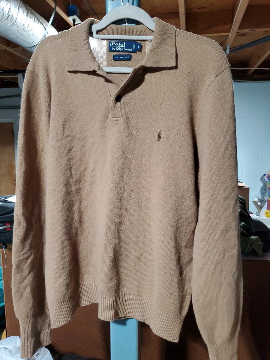 Vtg Polo Ralph Lauren Tan Knit Collared Sweater 100% Lambswool Men's LG EUC
