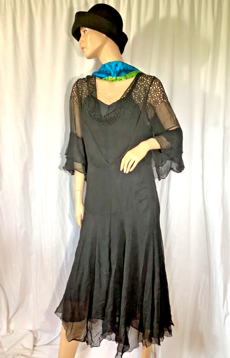 Vintage black 1930’s Day Dress silk chiffon Flapper hanky hem S/M cowl neck  Lace