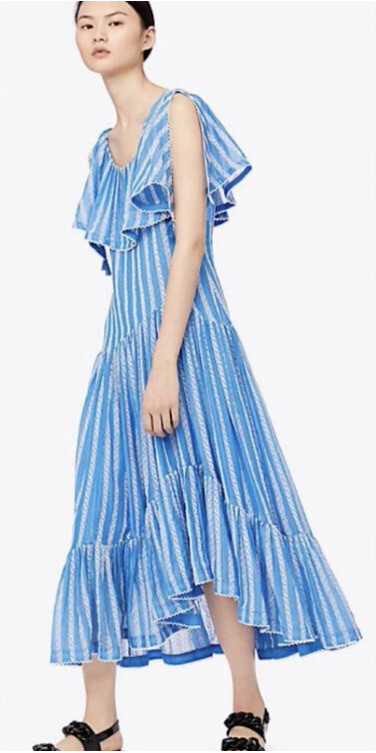 Tory Burch Embroidered Organza High Low Ruffled Cotton Silk Voile Maxi Dress