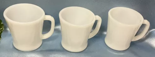 Set of 3 Vintage Fire-King Coffee Cups: White Milk Glass D-Handle Oven Ware 7074