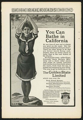 1903 ANTIKER BADEANZUG/BADEANZUG KALIFORNIEN ~ ROCK ISLAND/SOUTHERN PACIFIC RAILROAD ANZEIGE