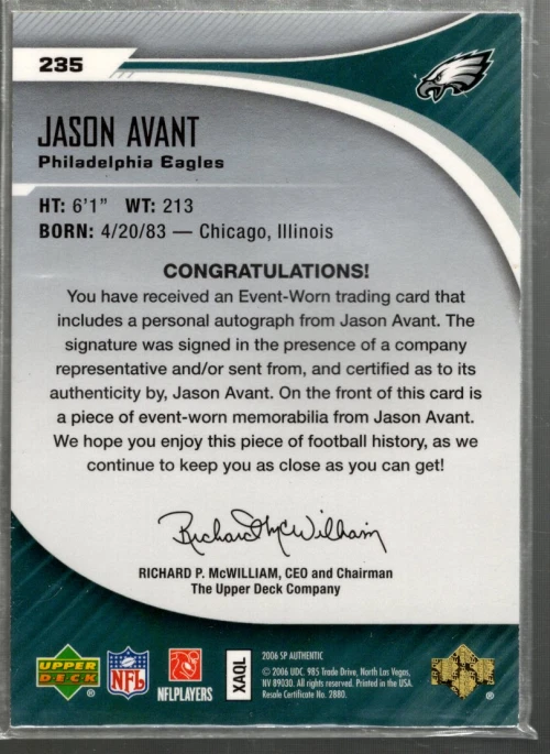 A7893- 2006 SP Authentic #235 Jason Avant JSY RC Auto Jersey /999 SAMPLE PIC - Image 2 of 2
