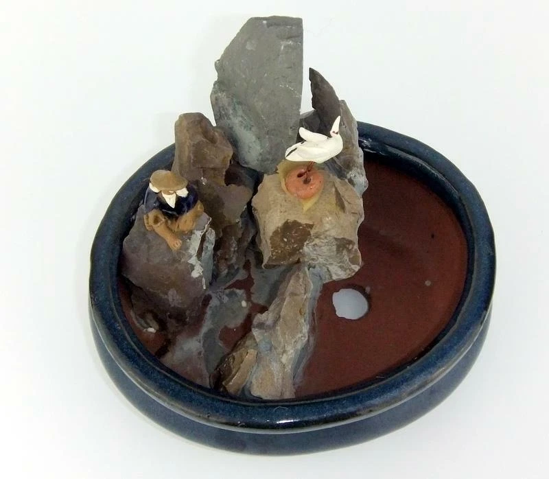 Bonsai Pot Japanese Rock Garden Pool Fisherman Bird Blue Glazed Ceramic 6" - Image 3 of 4