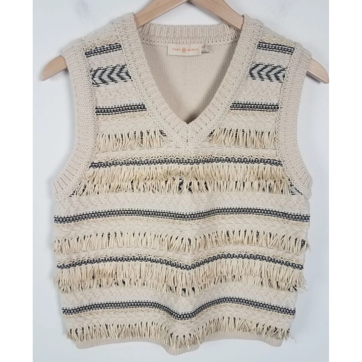 Tory Burch Women's Sz. M Cream Jacquard Fringe Wool Sweater Vest