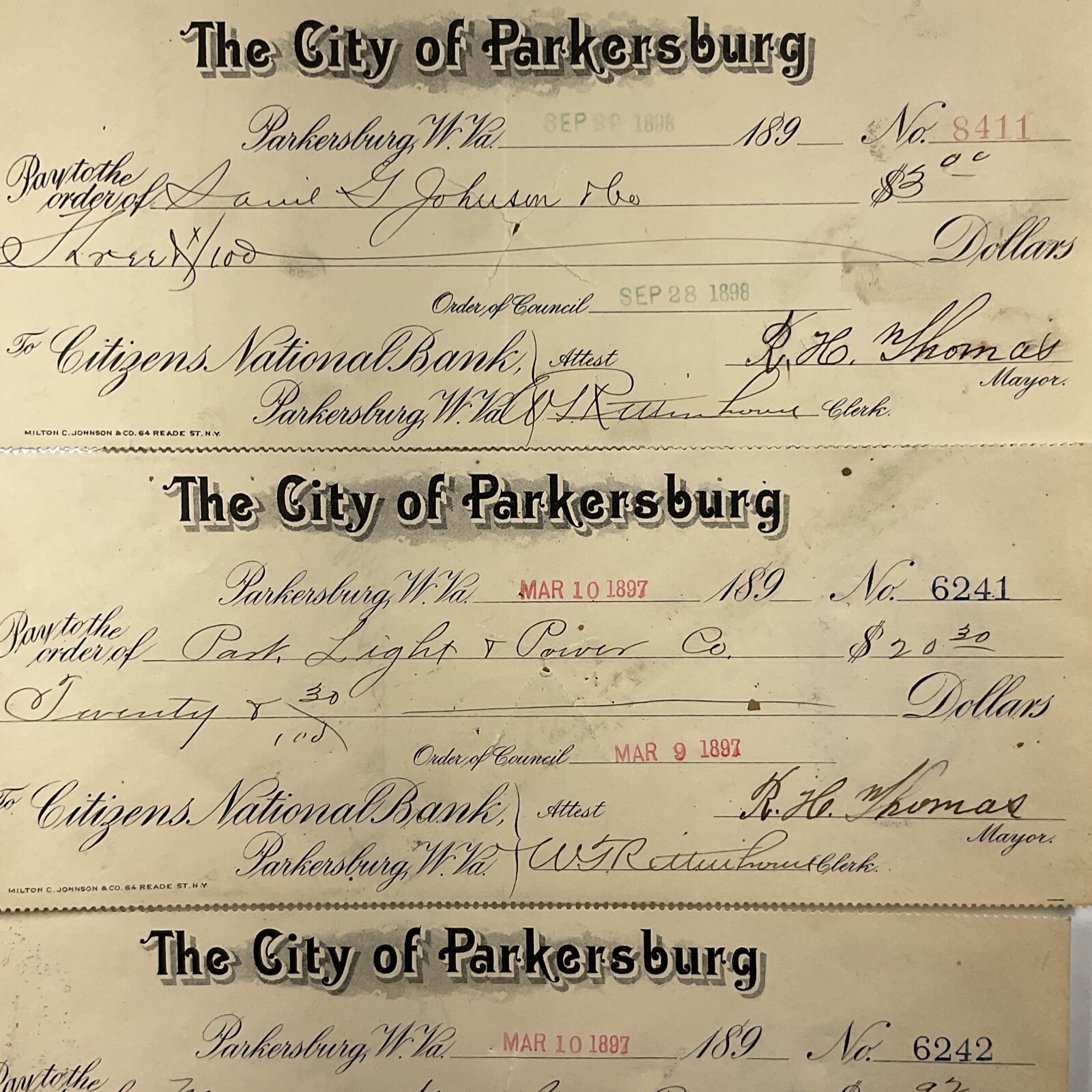 (4) 1897 98 Parkersburg, West Virginia Bank Checks Light & Power Gas