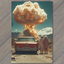 POSTCARD Desert Scene Car Atomic Nuclear Bomb Cloud Retro Style Couple Surreal