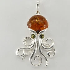 Natural Multi-Color BALTIC AMBER Octopus Pendant - 925 STERLING SILVER #5910e