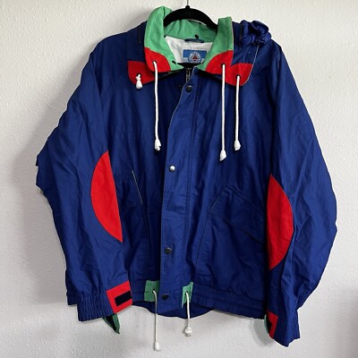 Vintage 90's Bay Waters Hooded Wind Breaker Men's Size Medium Blue Red Full Zip