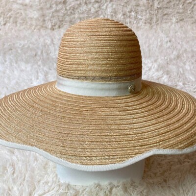 CHANEL Coco Mark Straw Hat Long Brim Grosgrain Trim Size M | eBay
