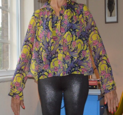 CHRISTOPHER KANE Yellow Pink Flounce Blouse Shirt Sheer Poppy Morris Print S New