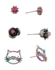 NEW BETSEY JOHNSON SET OF 3, CAT, FLOWER, CRYSTAL, STUD EARRINGS