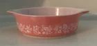 Vintage Pyrex 471   White Gooseberry Print on Pink   1 Pint Casserole  USA