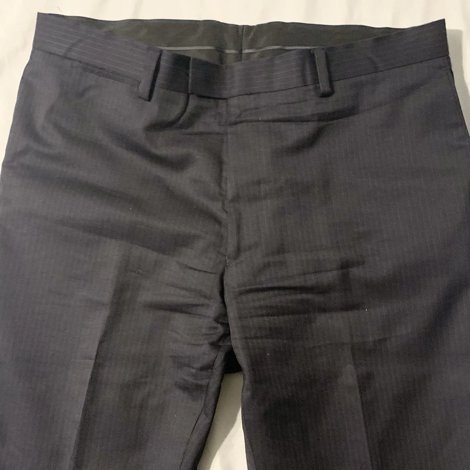 Louis Raphael 豪华裤子 36x30.5(短)深海军蓝细条纹羊毛羊绒混纺 — 第 3/4 张图片