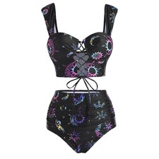 Vintage Tankini Set Lace Up Cut Out High Waist Print Women Swimwear Beach