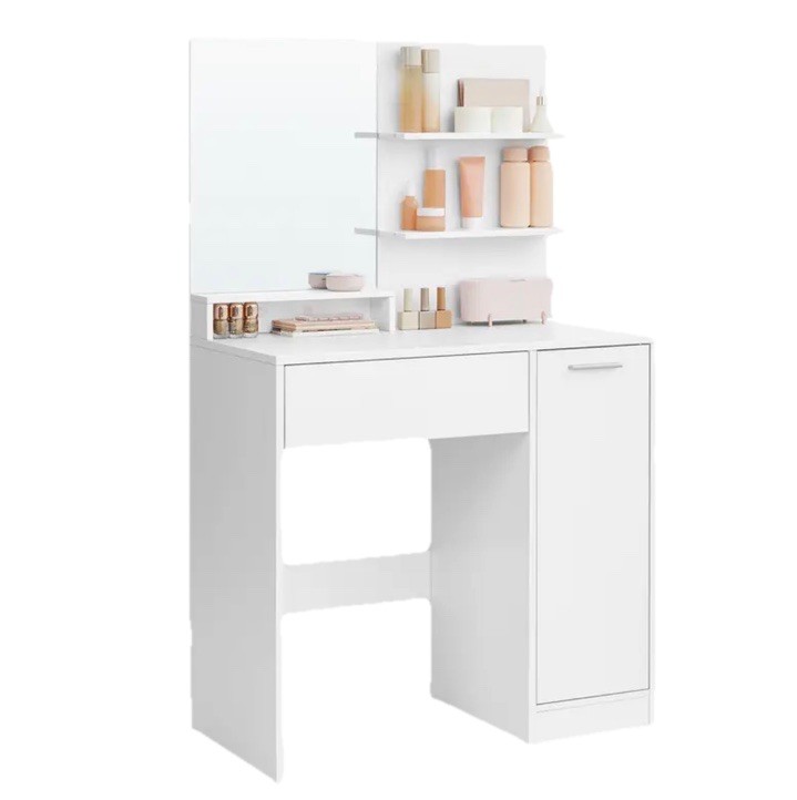 Coiffeuse gain de place avec miroir rectangulaire et table à tiroirs