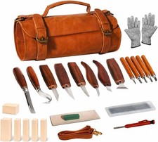 Deluxe Wood Carving Kit 26Pcs with Basswood Blocks Leather Case Safety Gloves