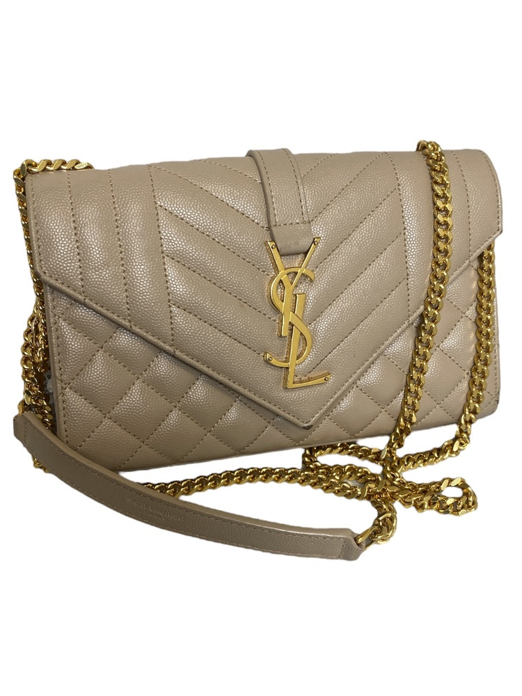 SAINT LAURENT Tracolla piccola beige con catena in pelle tritrapuntata